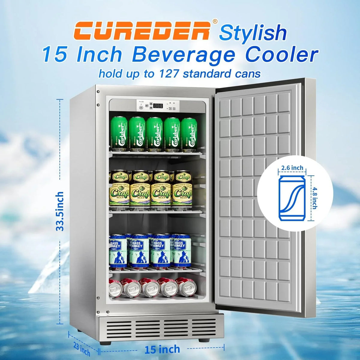 15 Inch Outdoor Refrigerator, Weather Proof Stainless Steel Beverage Beer Cooler Under Counter Fridge, Indoor/Outdoor Refrigerator with 3 Shelves for Patio Kitchen and Commercial Use