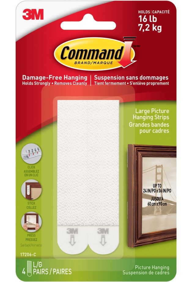 Large Adhesive Picture Hanging Strips, White, 16-lbs, 4 Strips per Pack
