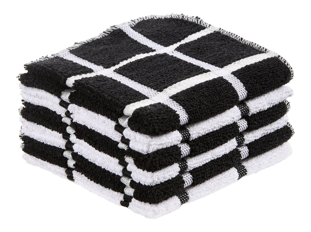 Terry Checkered Dish Cloths with Scrubber, Black, 6-pk