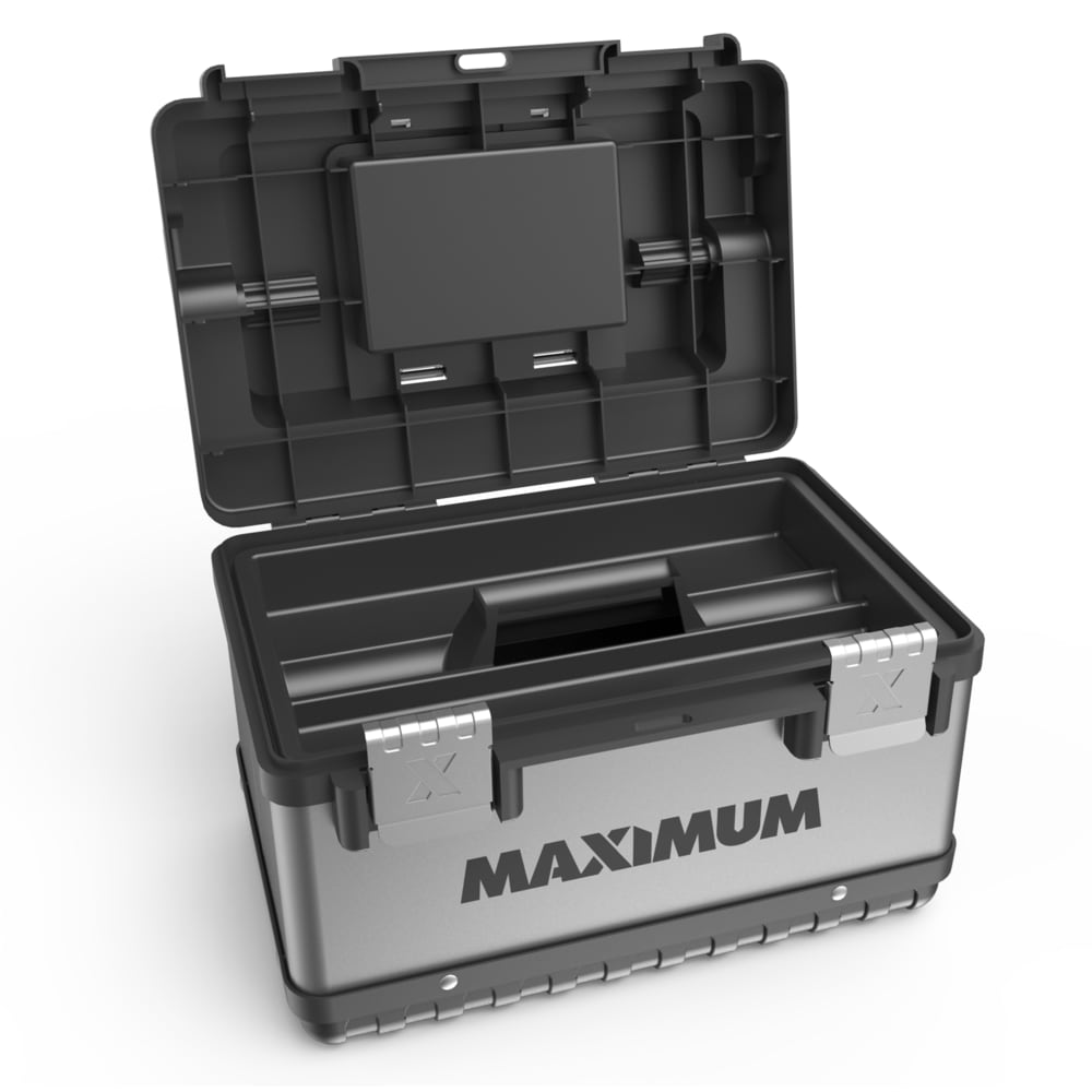 Portable Plastic & Metal Tool Box with Removable Tray & Organizer, Black, 15-in