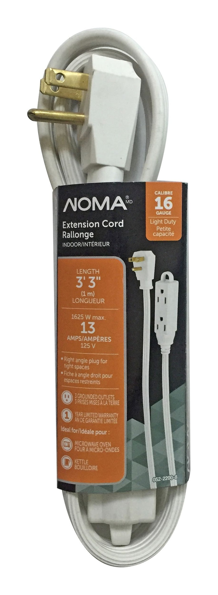 3-ft 3-in 16/3 Indoor Extension Cord with Right Angle Plug, 3 Grounded Outlets, White