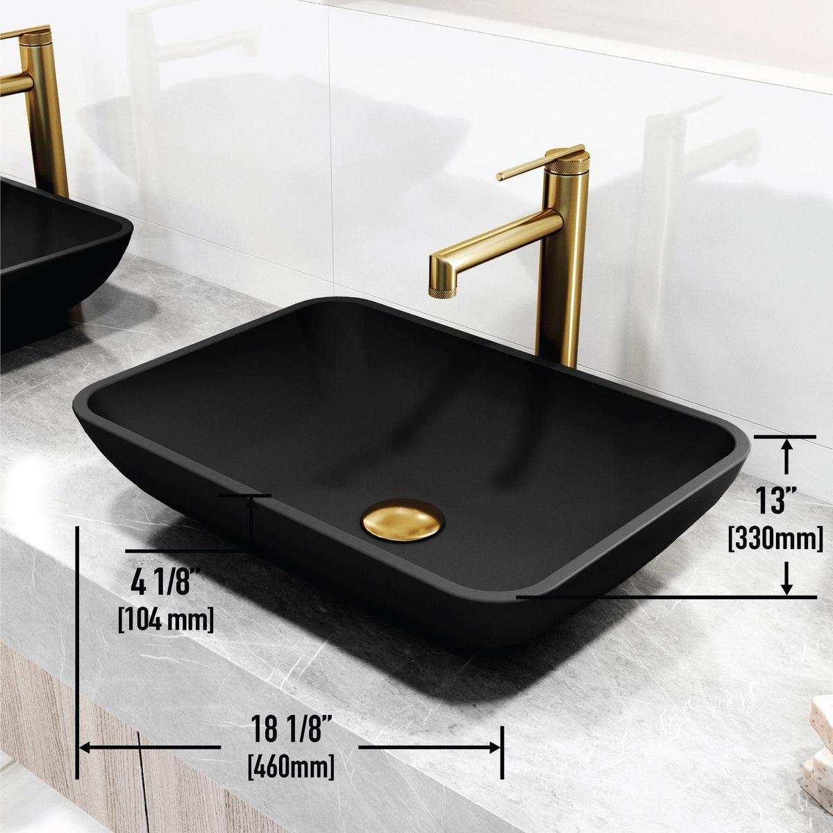 Sottile Matte Black Bathroom Sink/Basin Set with Sterling Faucet and Glass Rectangular Vessel