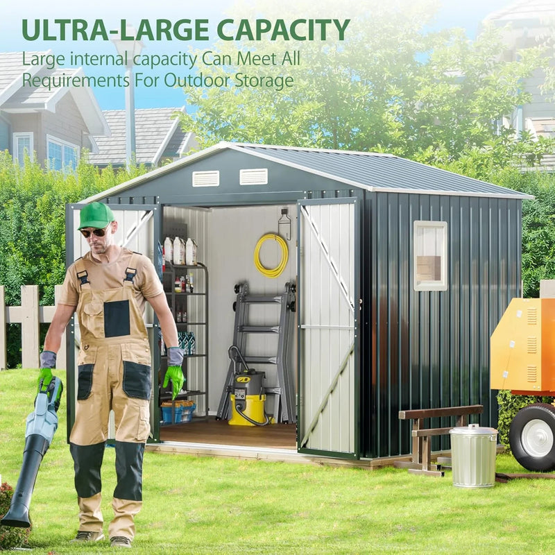 8x6FT Outdoor Steel Storage Shed with Clear Window, Lockable Doors, Weather-Resistant Metal Tool Shed for Garden, Backyard, Patio, and Utility Storage C3809