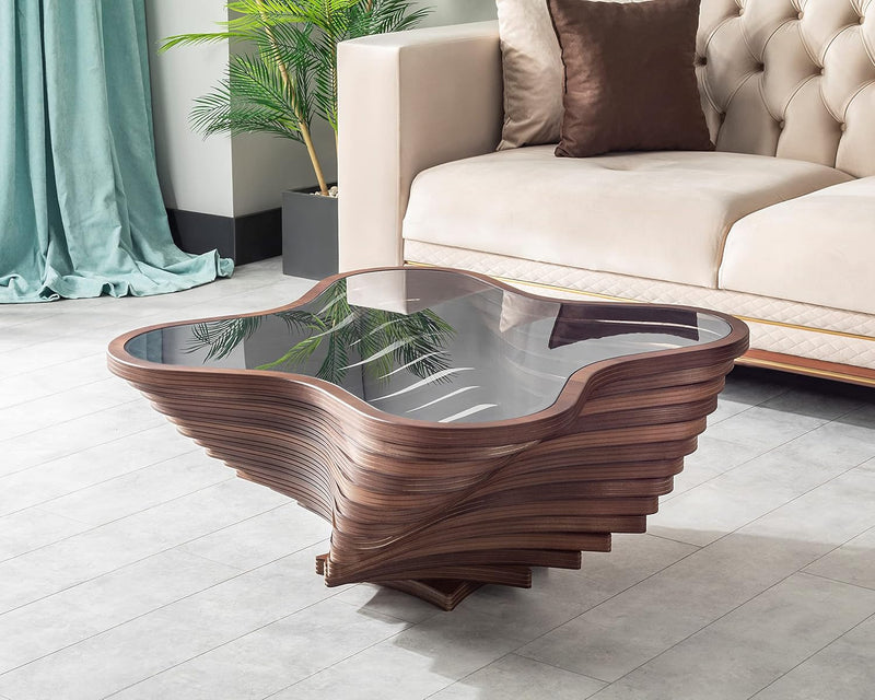 Design a modern coffee table - natural walnut veneer, tempered glass tabletop, layered wave shape, rustic wood, modern living room table, luxurious home and office decoration, central table in the living room. K7153