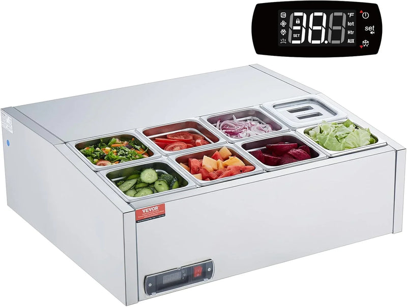 Refrigerated Condiment Prep Station, 135 W Countertop Refrigerated Condiment Station, with 2 1/3 Pans & 4 1/6 Pans, 304 Stainless Body and PC Lid, Sandwich Prep Table with Stainless Guard, ETL E4352