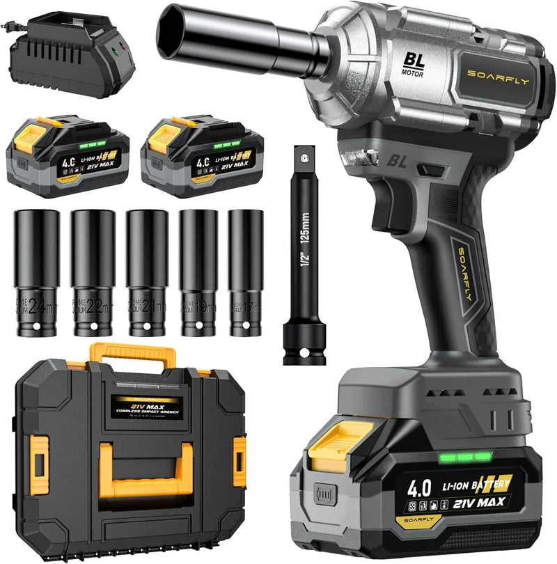 Cordless Impact Wrench, 1200Nm(900ft-lbs) High Torque 1/2'' Impact Wrench, 21V Brushless Electric Impact Gun with 2Pcs 4.0Ah Batteries, 1 Hour Fast Charger, 5 Sockets, Power Impact Driver for Car Home C7115