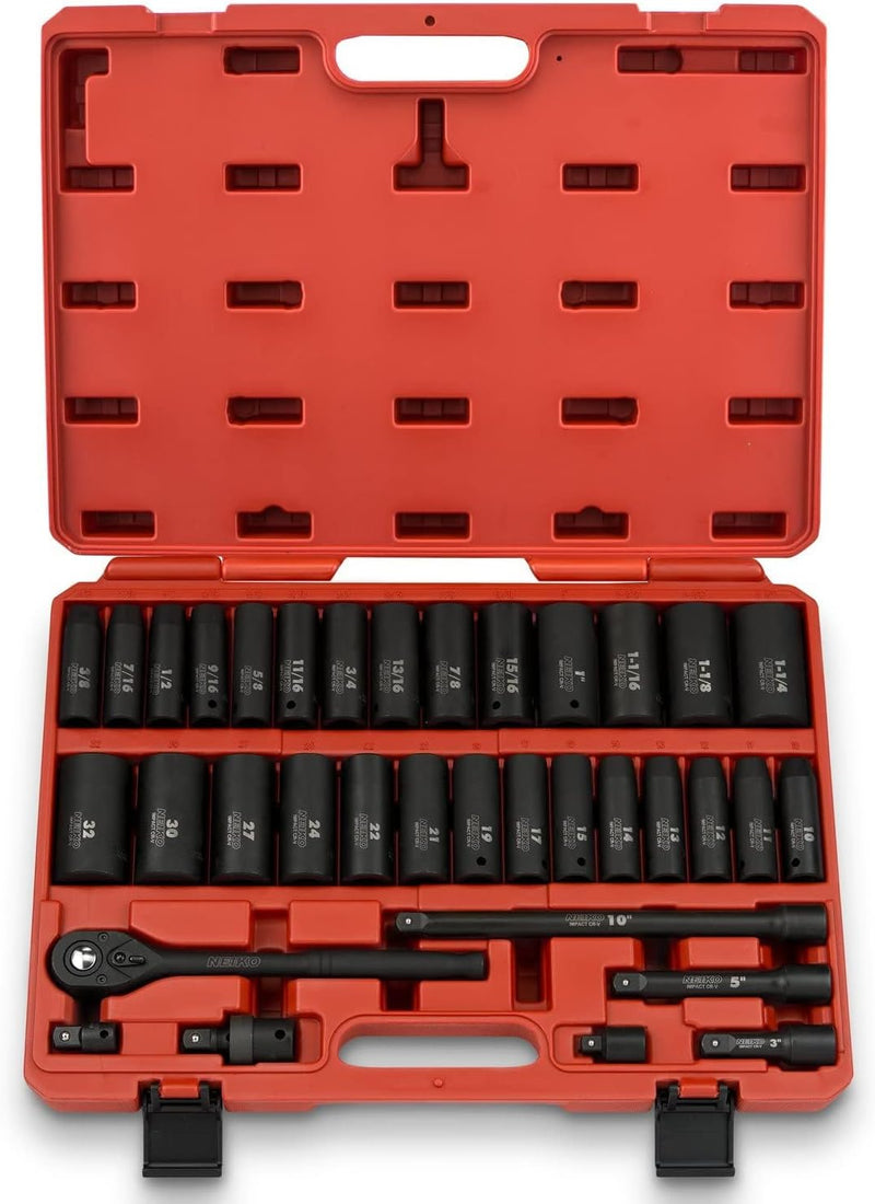 02448A 1/2" Drive Master Impact Socket Set, 65 Piece, Standard SAE (3/8"-1-1/4") & Metric (10-24 mm) Sizes, Deep & Shallow Kit, Includes Adapters & Ratchet Handle V4490