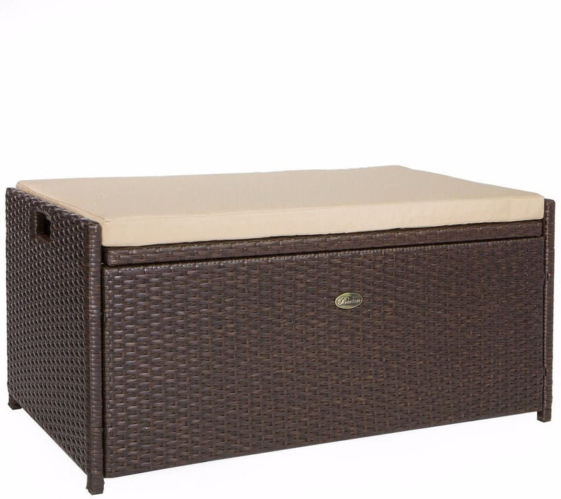 Barton Outdoor Storage Bench Rattan Style Deck Box Wicker Patio Furniture Water Resistance w/Seat Cushion, 60-Gallon, Brown R2642