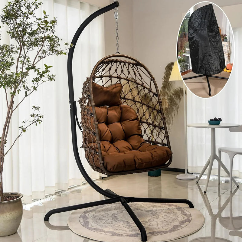 Indoor and outdoor egg-shaped rocking chairs with frames and covers, garden rattan hanging chairs, capacity 450 pounds, with UV-protective cushions, suitable for bedrooms, outdoor balconies, courtyards or living rooms (dark gray) N3304