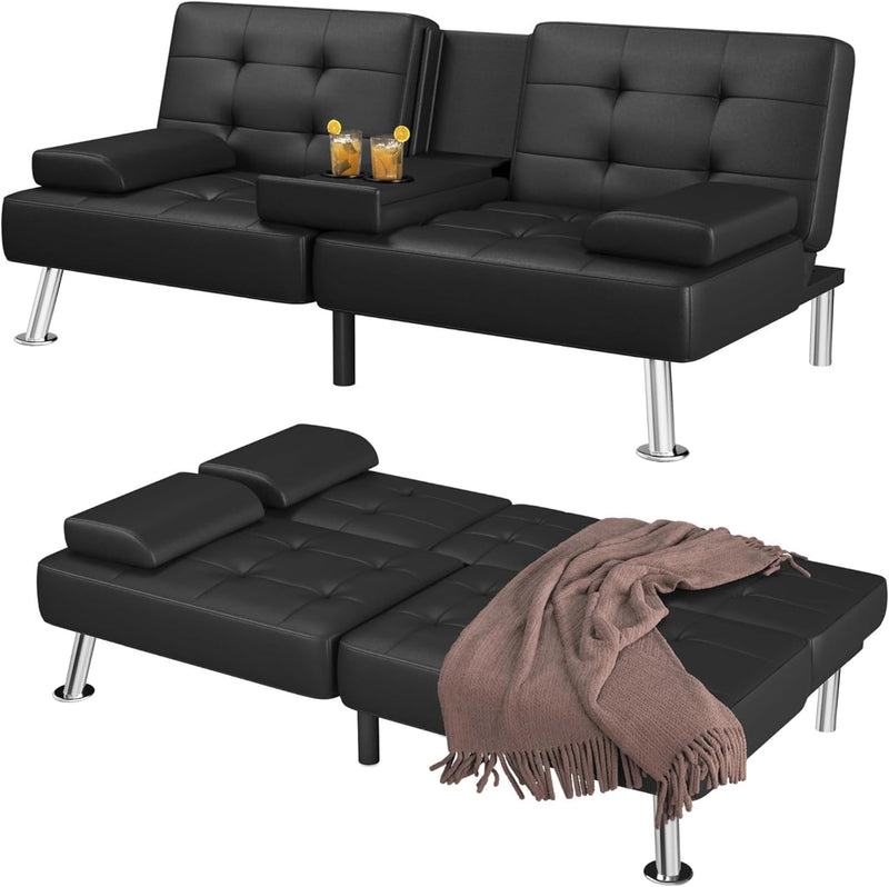 Futon Sofa Bed Convertible Folding Futon Set Modern Recliner Lounge for Small Room & Living Room with 2 Cup Holders, Removable Armrests (Artificial Leather, Black) R1129