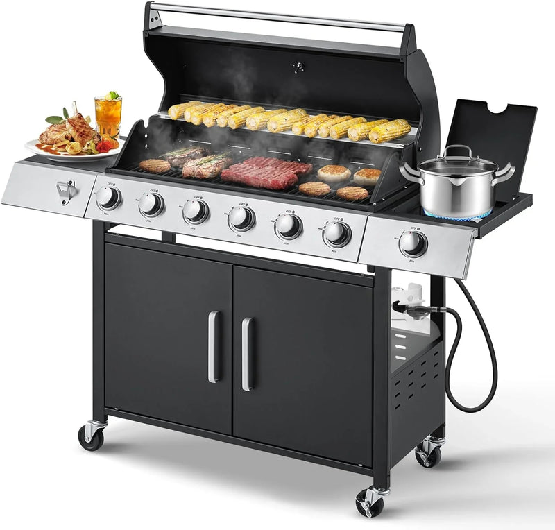 Upgraded 4 Burner BBQ Propane Gas Grill with Cast Iron Grates & Side Stove, 44,000 BTU Stainless Steel Burner Barbecue Grill for Patio, Camping, Outdoor Cooking MELLCOM E8635