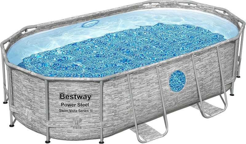 The robust steel swimming pool " Series II" - a 14 feet x 8 feet 2 inches x 39.5 inches outdoor above-ground pool package, equipped with a 530 liter/minute filtration pump, ladder and pool cover. C9043