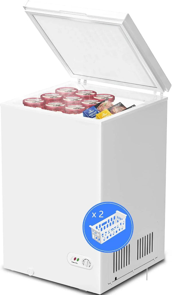3.5 Cubic Feet Chest Freezer with 2 Removable Baskets Free Standing Top Open Door Compact Freezer with Adjustable Temperature for Home/Kitchen/Office/Bar (3.5 Cubic Feet, White) Q9331