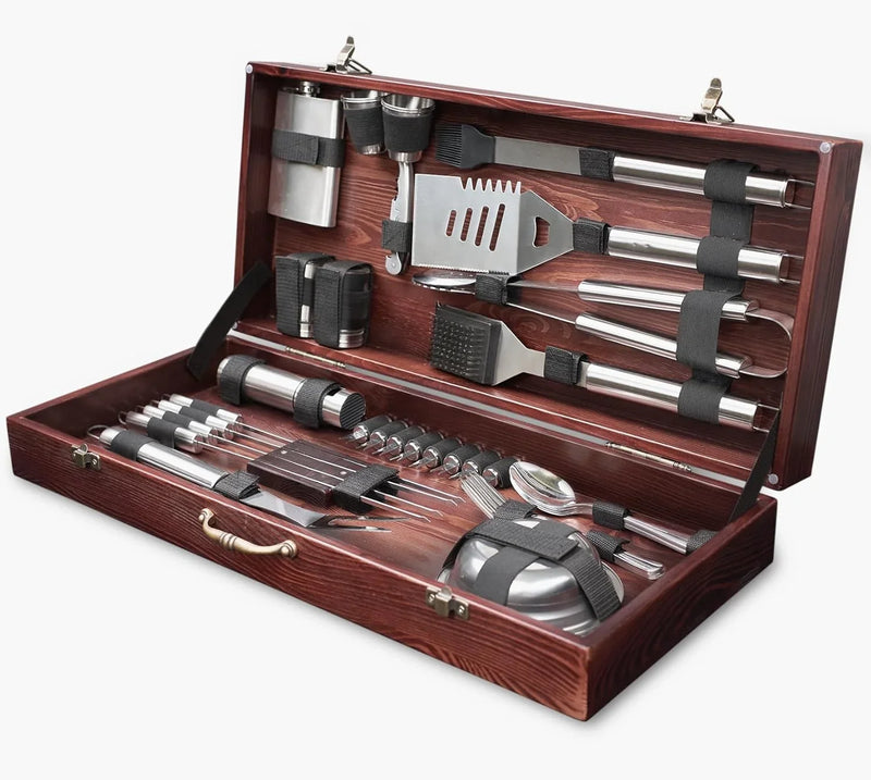 Outdoor Grill Accessories for Barbeque - Outdoor Grill Accessories for Barbeque - Premium Grill Tool Sets - Dark Wood Case Grilling Set - Griddle Accessories Kit - BBQ Gear W6658