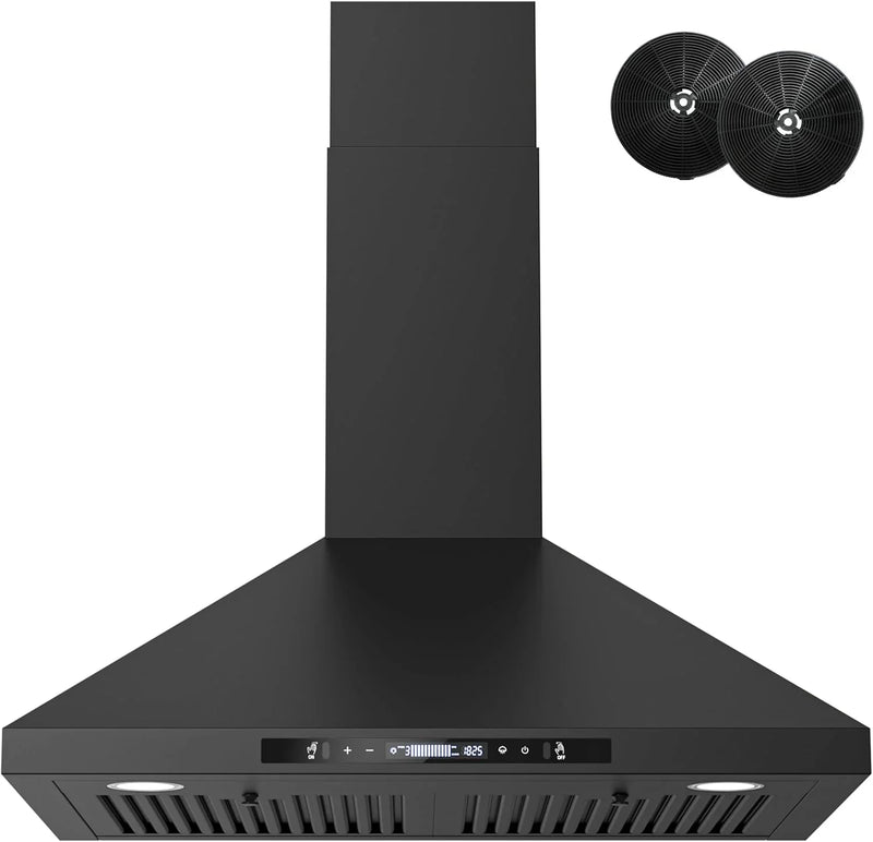 Wall-mounted black kitchen exhaust hood, 30 inches, 900 cubic feet per minute, built-in exhaust duct, three-speed exhaust fan, gesture/touch control, timer function, two baffles filters, stainless steel stove exhaust hood N2579