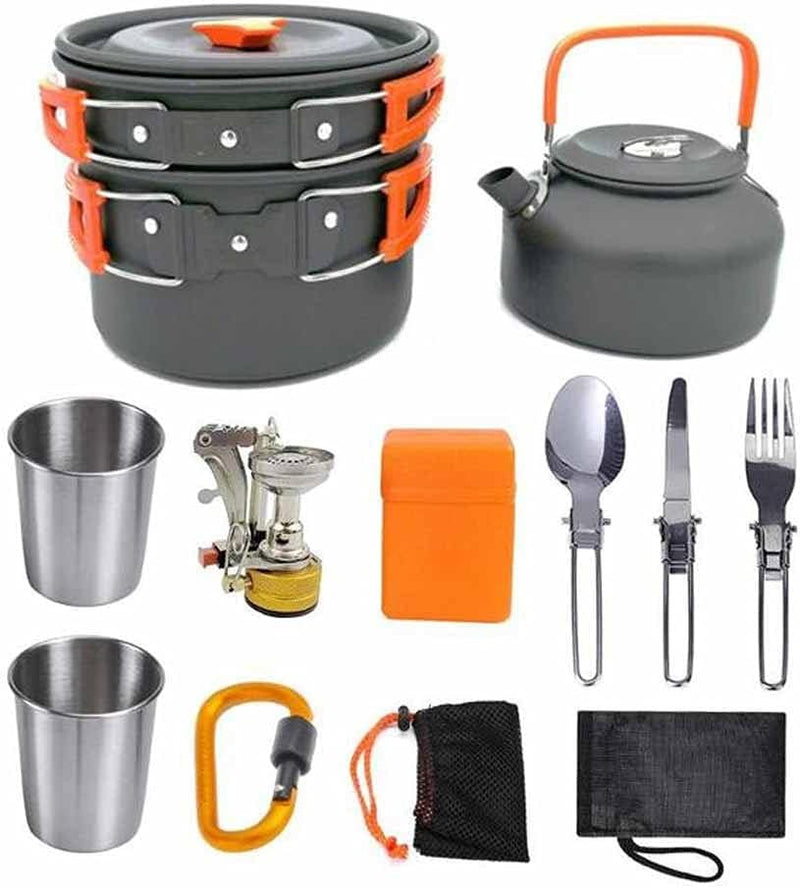 Camping cooking set - picnic cooking pot set - outdoor hiking and barbecue tableware set - camping travel supplies set including frying pan, water jug and stove A3860