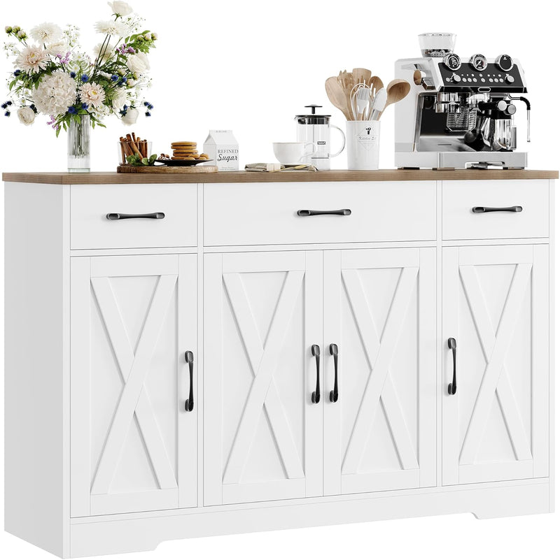 Drawer-equipped buffet-style cabinet, 55-inch large side cabinet-style storage unit with shelves and 4 doors, modern country-style coffee bar-style cabinet, wooden kitchen and dining room storage unit, white/rustic style M2893
