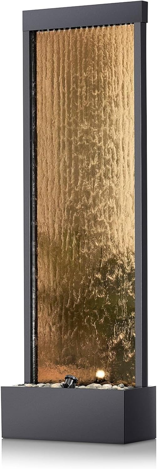 A mirror-floored waterfall fountain with stones and lights - suitable for offices, living rooms, terraces, entrances as a serene indoor/outdoor decoration - 48 inches (bronze color) M5488