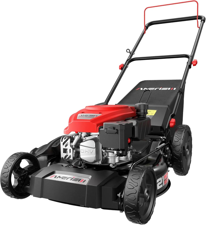 21" Steel Deck Gas Lawn Mower, Heavy-Duty 3-in-1 Push Mower, 144cc 4-Stroke Engine, 6-Position Height Adjustment, Large 1.4 Bushel Grass Catcher, Durable & Efficient for Yard & Garden O5257