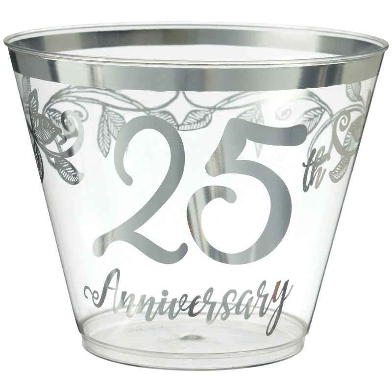 "25th Anniversary" Bordered Trimmed Plastic Reusable Tumbler Cups, Clear/Silver, 9-oz, 30-pk, for Anniversary Party U7362