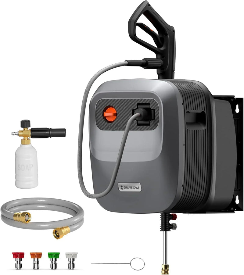Pressure Washer G20 Pro, 2500 PSI 2.2 GPM, 180° Wall Mounted Power Washer, Auto-retract with 65FT Hose Reel, 5 Nozzles for Floor/Cars/Fences/Patios, Dark Silver R6192