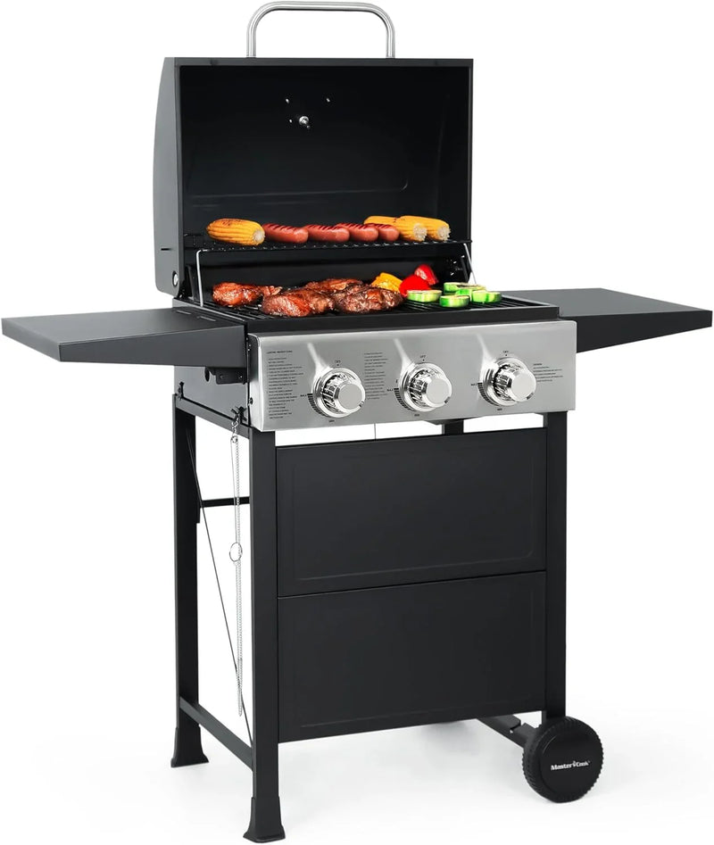 Burner BBQ Propane Gas Grill, Stainless Steel 30,000 BTU Patio Garden Barbecue Grill with Two Foldable Shelves E8145