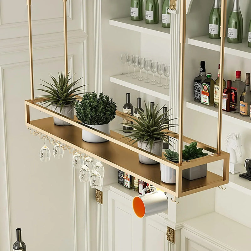 Wall Mounted Wine Rack for Bars & Restaurants Gold Metal Hanging Storage for Wine Bottles & Stem Glasses Perfect for Dining Room & Kitchen Decor Space Saving Design P5214
