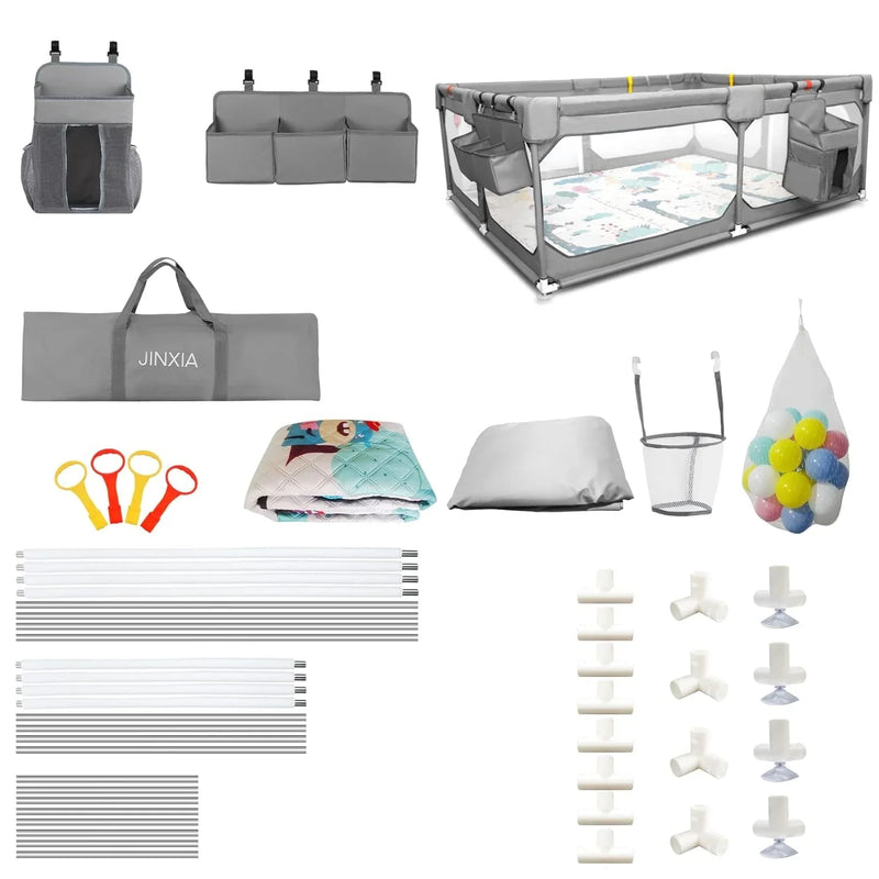 Baby Playpen with Mat 75"*59", Extra Large Playpen for Babies and Toddlers with Storage Bag, BPA-Free, Non-Toxic, Safe No Gaps Playards for Babies, Sturdy Safety Play Yard for Indoor Outdoor Fun, Grey T3948