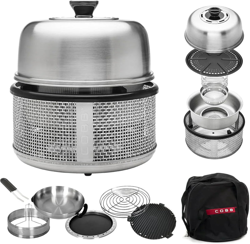 Stainless steel non-smoking portable tabletop charcoal grill with a frying pan, an outdoor barbecue grill with 10 functions, suitable for camping, boats and RVs, is the perfect combination for an outdoor kitchen (fully equipped) W5356