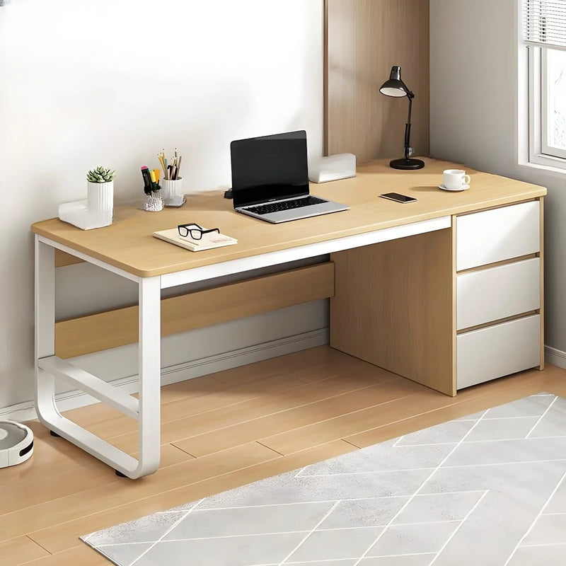 This stylish and modern office desk features an integrated cable management system, a wooden desktop, and a rectangular shape. It comes with three drawers and is ideal for both office and home use. Available in brown, it measures 63 inches in length E6259