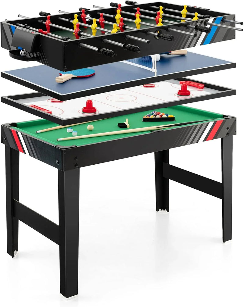 The multi-functional game table integrates a football table, a billiards table, an air curling table and a table tennis table. It is an ideal combination game table for a family game room. M7313