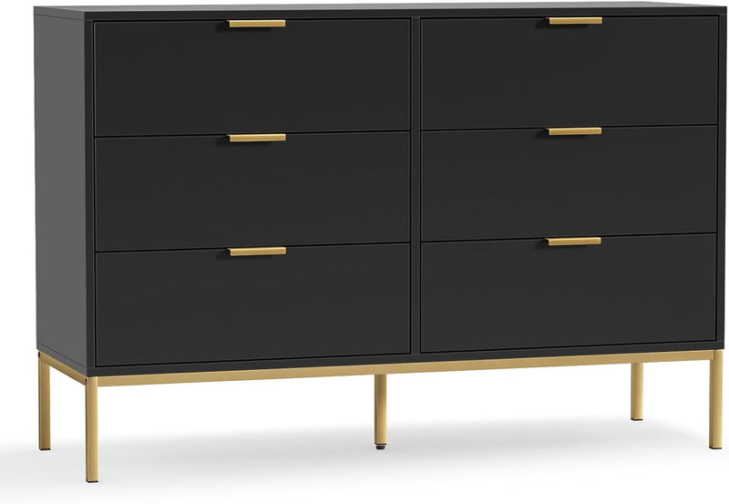 Black Dresser for Bedroom, Modern 6 Drawer Dresser, Chest of Drawers Closet Organizers and Wood Storage Clothes, White Dresser with Golden Handles Room, Hallway X6176
