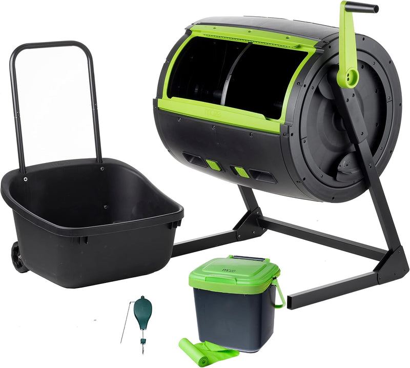 Two 65-gallon two-stage composting drums, equipped with large double doors and an open frame, are also provided along with a maze-style compost cart, a 1.85-gallon kitchen trolley-style compost bin, three rolls of corn bags, and a retractable plant t D167