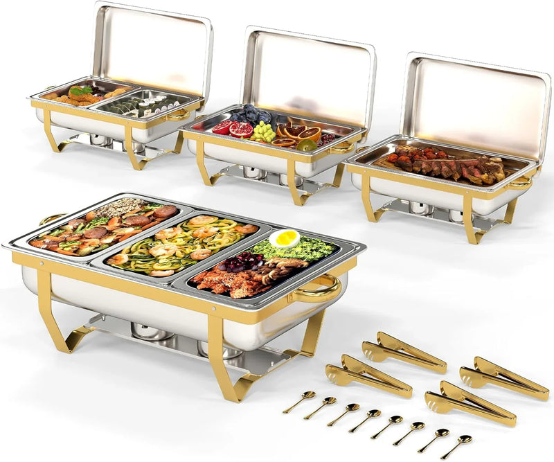 4 Pack Stainless Steel Chafing Dishes for Buffet, 9 QT Capacity 7 Pans Food Warmers for Parties, Weddings, Events Hosting, Family Gatherings, Full Set Catering Server with Serving Utensils Accessories U7230