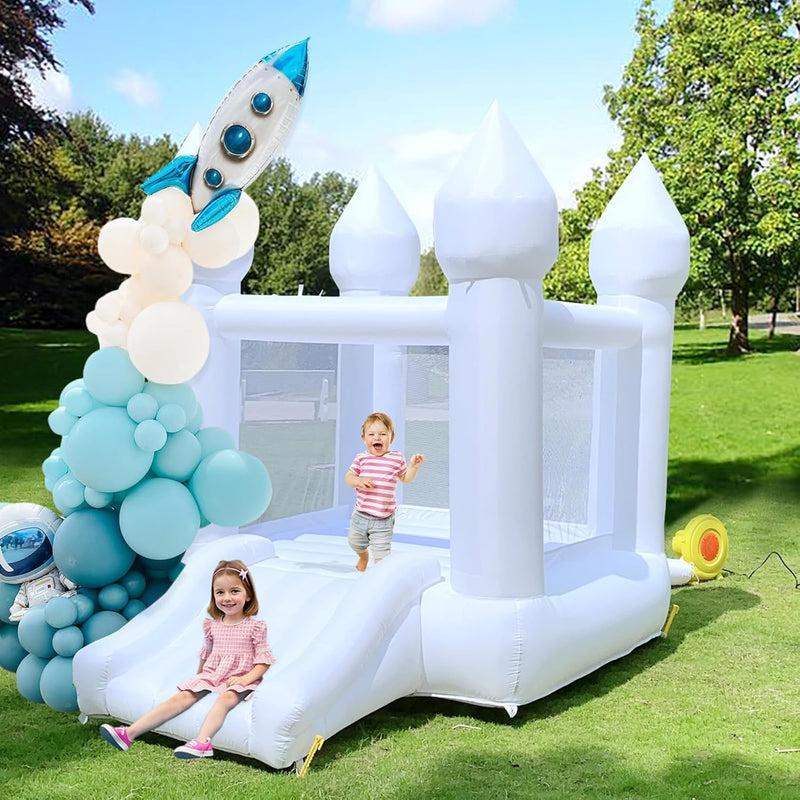 White Bounce House Indoor Outdoor Bouncy Castle for Kids 2-8 Oxford Toddler Bounce House with Slide Balloon & Blower,103 x 71 x 90 inch,Children's Birthday Party Easter Party Gifts W8205