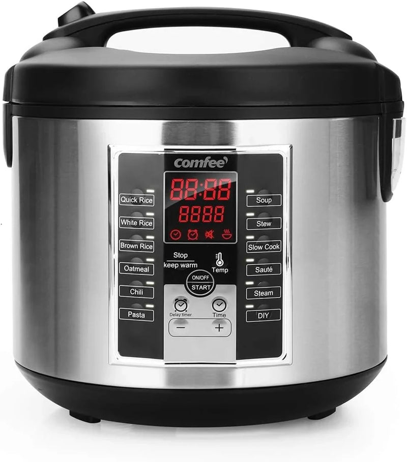 Compact electric rice cooker, 6-in-1 stainless steel multi-functional cooking utensil, slow cooker, steamer, frying pan, heater and warmer, 2-gallon capacity (8 cups cooked, 4 cups uncooked), suitable for brown rice, quinoa and oats, 6 D0349