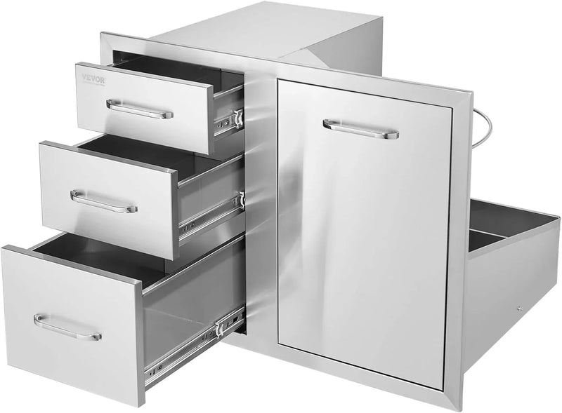 Pull Out Trash Drawer 13.4"W x 25.7"H x 19.6"D Lower Sliding Rails Stainless Steel Roll Out Trash Bin Pull Out Tray Outdoor Kitchen Trash Drawer with Handle for BBQ Island Grill Station U6282