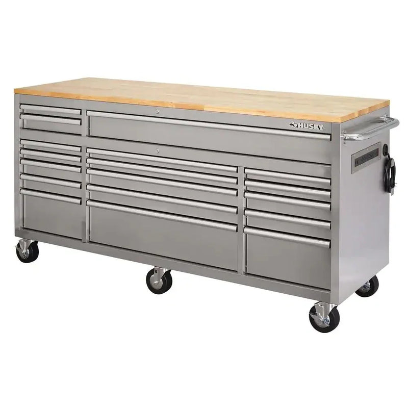72 in 18-Drawer 24 in. D Mobile Workbench with Solid Wood Top Stainless Steel R1925