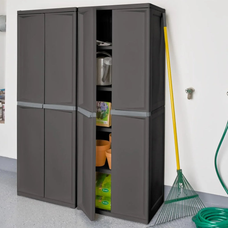 Storage Cabinet, Rugged Plastic Garage Organizer with Double Doors, 4 Adjustable Shelves, Gray P7493