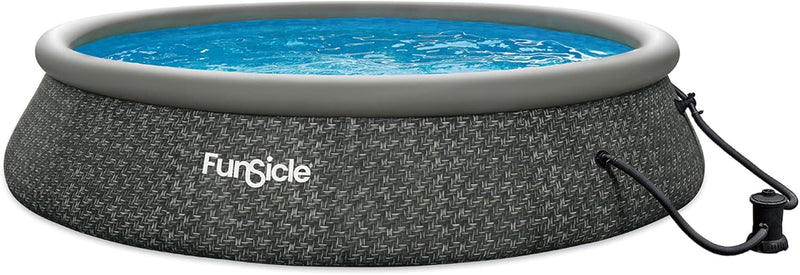 12 Foot by 36 Inch Quickset Round Inflatable Ring Top Outdoor Above Ground Swimming Pool Set with Pump and Cartridge Filter, Dark Herringbone O4610