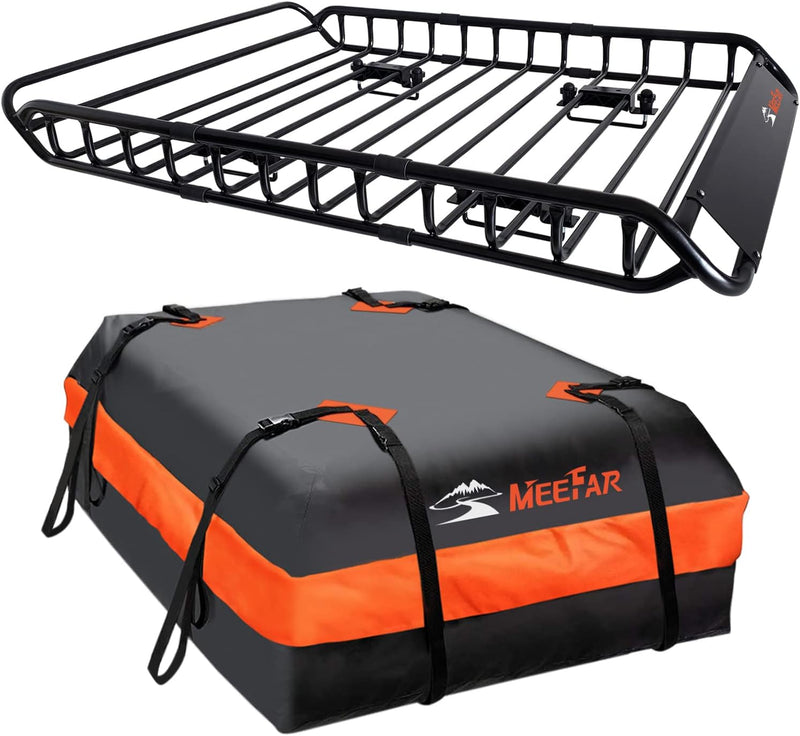 Roof Rack Carrier Basket Universal Rooftop 51" X 36" X 5" Waterproof Bag 15 Cubic Feet (44" 34" 17"), and Cargo Net with Attachment Hooks, Ratchet Straps G0971