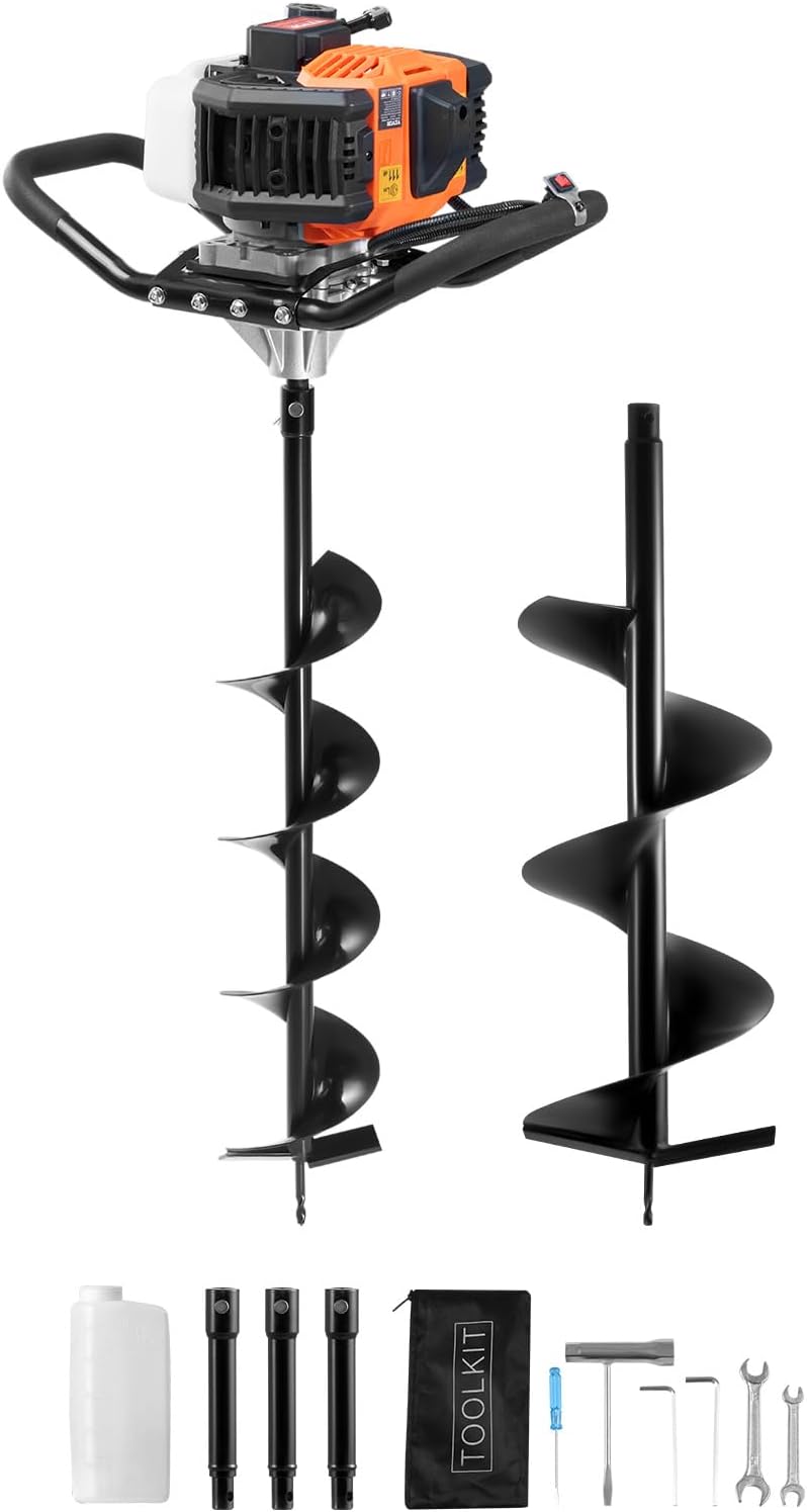 1450-watt gasoline engine electric drilling machine, equipped with 6-inch and 10-inch drill bits and 3 extension rods, suitable for drilling holes in fence posts of farmlands, gardens, and orchards. The color is orange and black. C3165