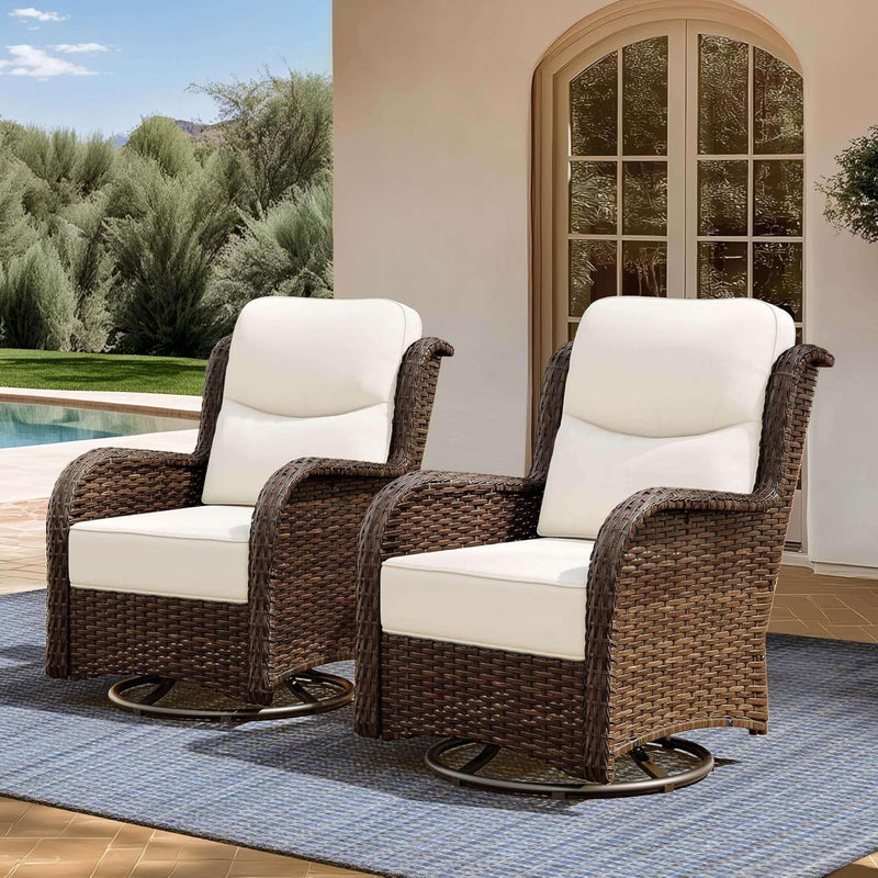 Outdoor Swivel Rocker Patio Chairs with 6-Inch Thick Cushions and Side Table, 3PCS High Back Wicker Patio Furniture Set for Porch, Balcony, Deck and Yard in Blue D4558