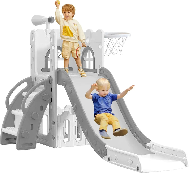 6 in 1 Toddler Slide for Toddler Age 1-3,Kids Climber Slider for Indoor Outdoor Playground with Basketball Hoop,Storage and Telescope,L Shaped Slide for Toddler Climber Playset A7981