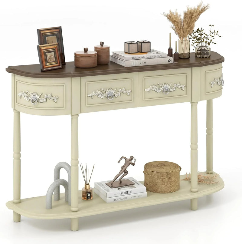 Retro game console table with drawer, 52-inch narrow sofa table with open shelves, table with storage function at the half-moon entrance, solid wood legs, entrance table for retro living room corridor, beige color scheme M7396