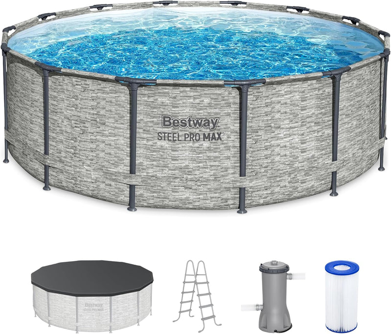 Above Ground Swimming Pool w/ Pump, Cover, & Ladder, 14' x 48", Steel Pro MAX, Gray - Backyard Outdoor Round Pool w/ Filter, 42-Inch Deep Water U0391