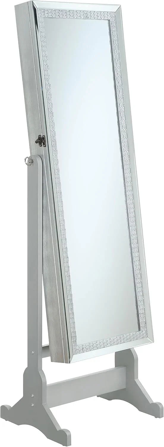 Mounted-style mirror cabinet, featuring jewelry storage function, with a design allowing the entire length to be tilted, rectangular shape - bedroom - silver color T0415