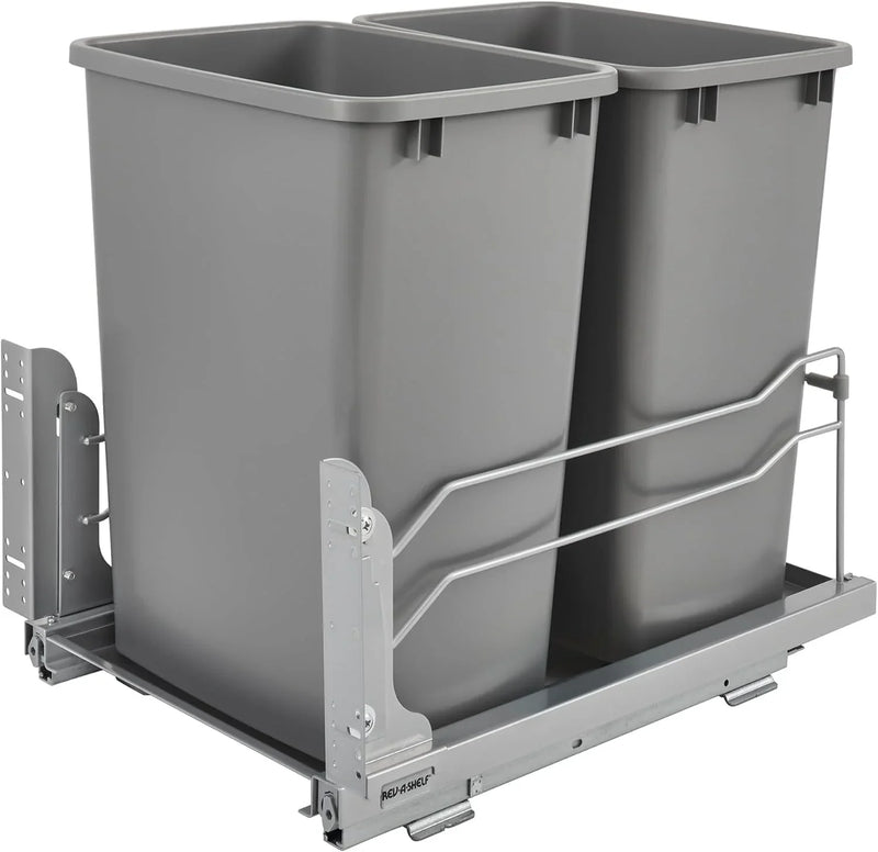A double pull-out trash can suitable for the bottom of kitchen cabinets, with a capacity of 35 ounces (approximately 0.875 gallons), equipped with a gentle closing sliding mechanism, and in the color of Orison Gray. F5479