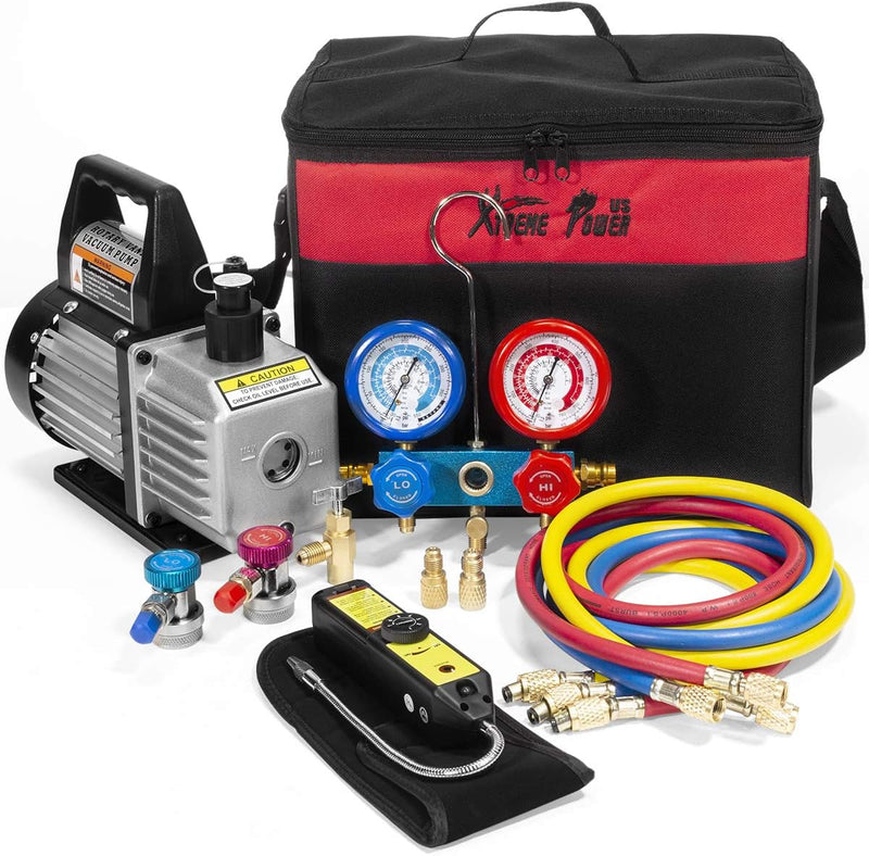 Premium 4CFM Air Vacuum Pump HVAC A/C Refrigeration Kit AC Manifold Gauge Case Set R134a Tap w/Leak Detector and Carrying Tote Bag J0233