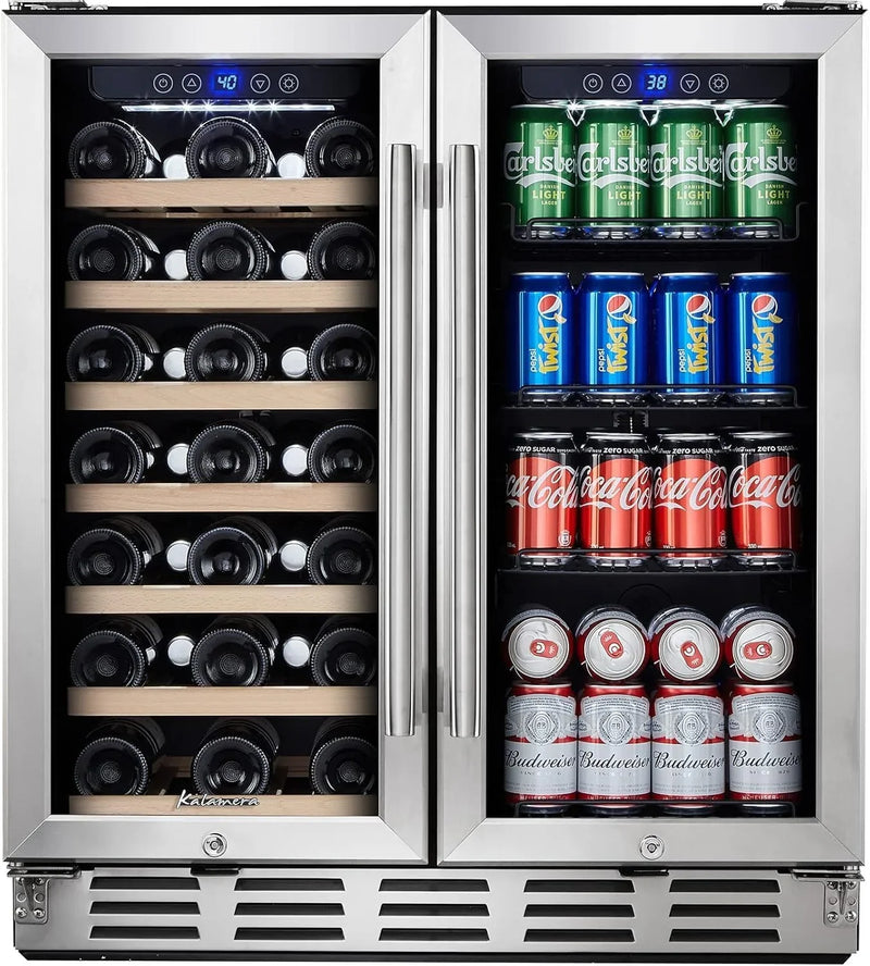 24 inch Wine Cooler, 46 Bottle - Dual Zone Built-in or Freestanding Fridge with Stainless Steel Reversible Glass Door, for Home, Kitchen, or Office. M7356